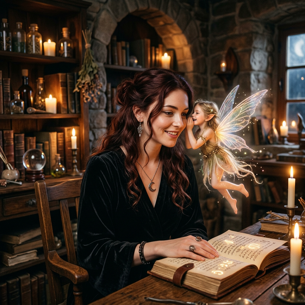 Woman reading an old book with glowing text while a small fairy with wings whispers to her