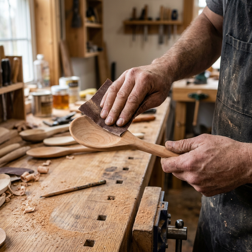 Hands sanding a wooden spoon with sandpaper in a woodworking workshop